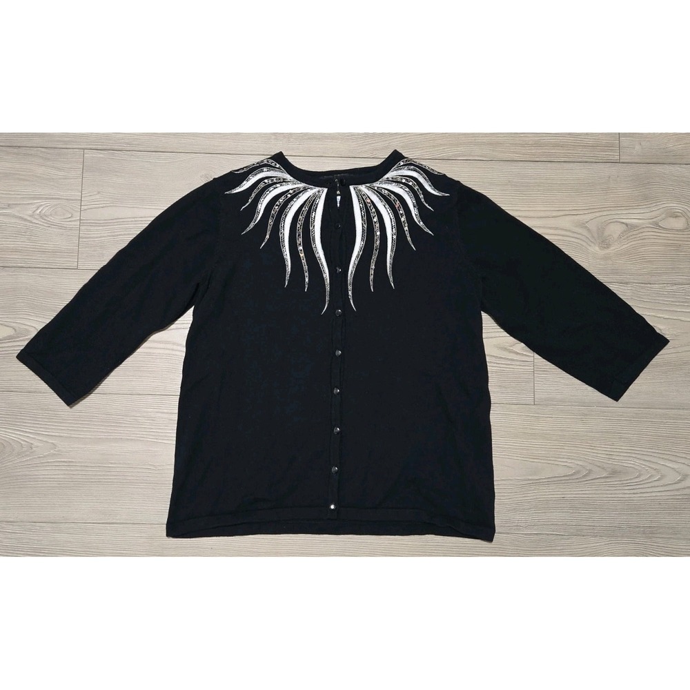 VTG Bob Mackie Wearable Art Cardigan Sweater Black w/Silver Beads & Sequins Sz S